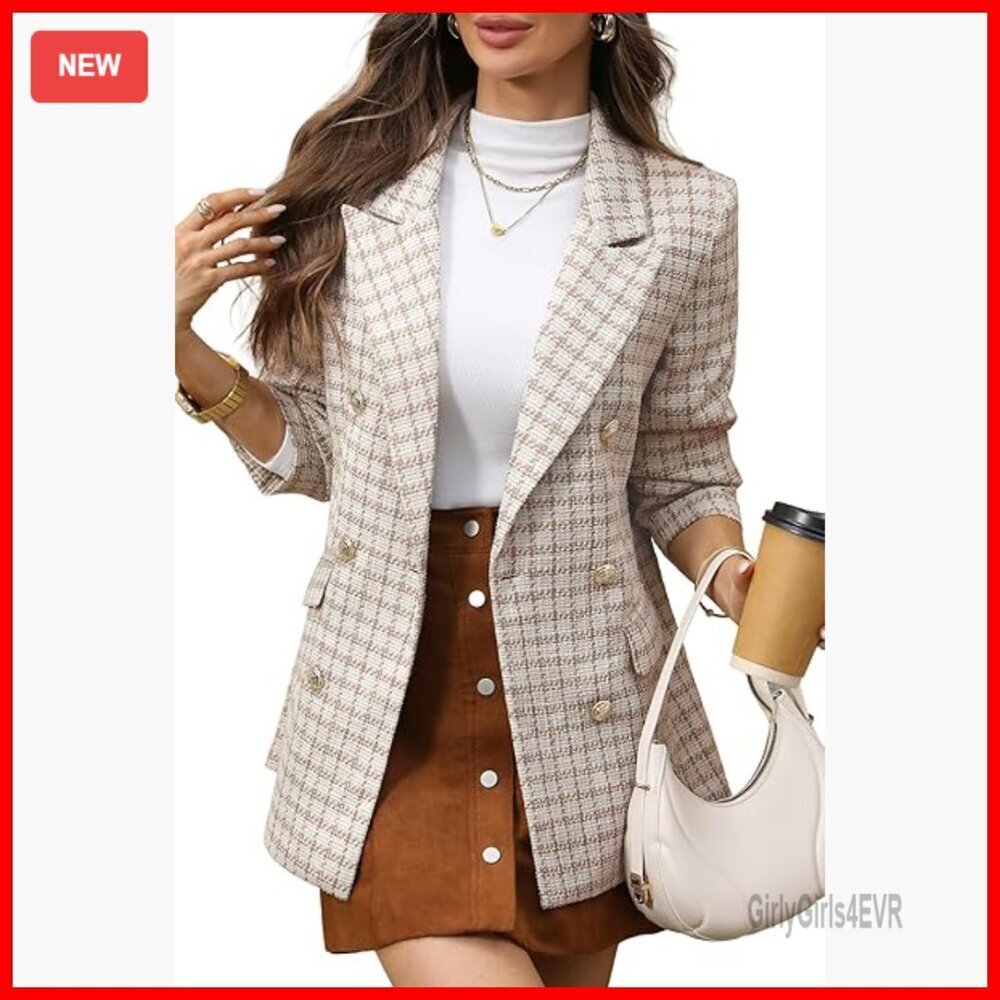 Oversized Boyfriend Blazer Double Breasted Tweed Plaid Jacket